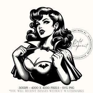 Wunderschöner Pin-Up-Vampir - PNG, SVG, Pin-Up-Clipart, Spooky Saison-Svg, Fledermaus-Mädchen-Svg, Vampir-Svg, Vintage Pin-Up, Retro-Svg, Umhang-Svg, Sexy