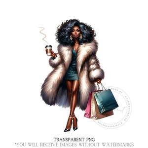 Classy, PNG, Shopping, Fur Coat, Coffee, Shopping Bags, Heels, Hair, Gorgeous, African American, Busy Shopping, Black Woman, Sublimation