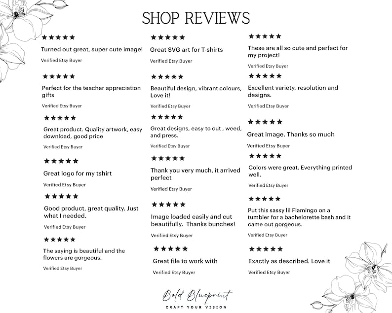 May include: A collection of positive customer reviews for a shop selling digital art and design files. The reviews highlight the quality of the products, ease of use, and overall satisfaction of the buyers.