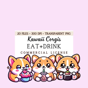 Corgis Kawaii, Paquete de imágenes prediseñadas, Corgi Cricut, Sublimación de Corgi, Corgi lindo SVG, Comida, Bebida, Corgi adorable, Amante de los Corgis, Dueño de Corgis, PNG