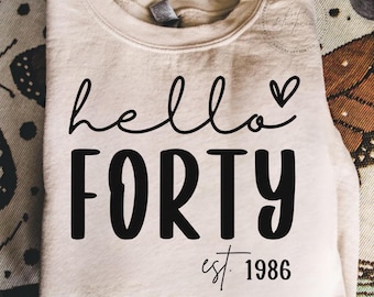 Hello Forty SVG、PNG、40歳の誕生日SVG、40歳の誕生日シャツ、1986年設立SVG、1986年設立SVG、40歳の誕生日、SVG