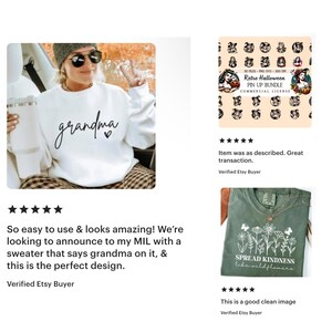 May include: A white sweatshirt with the word "grandma" in black script and a small heart. The sweatshirt is part of a product review on Etsy.