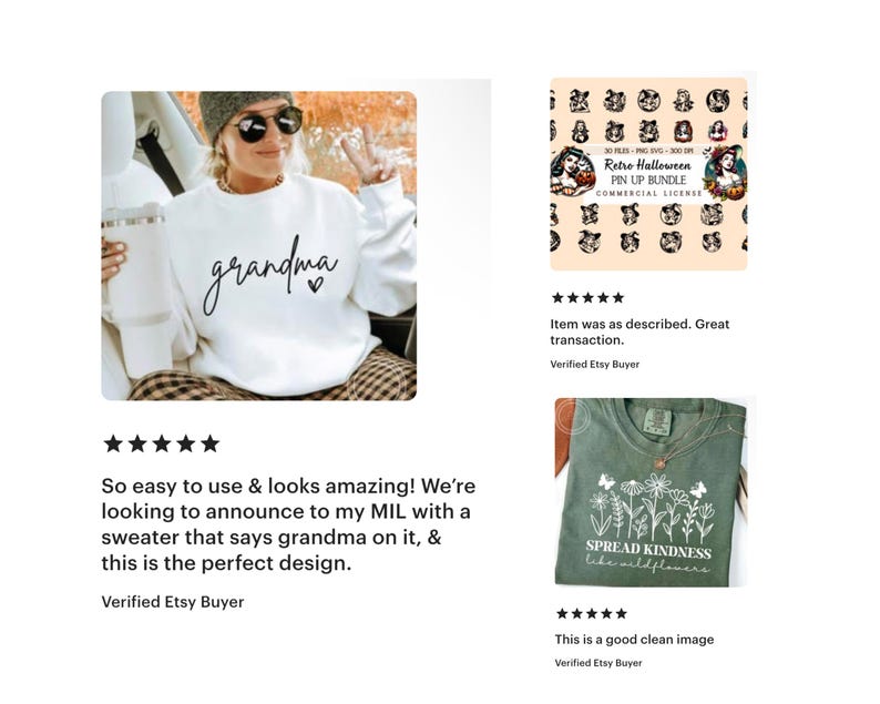 May include: A white sweatshirt with the word "grandma" in black script and a small heart. The sweatshirt is part of a product review on Etsy.