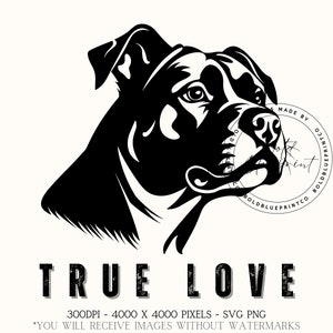 Puede incluir: Silueta en blanco y negro de la cabeza de un perro con el texto "TRUE LOVE" debajo. La imagen es de 4000 x 4000 píxeles y 300 DPI.