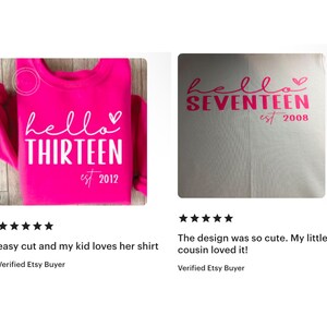 May include: Two pink and white shirts with the text "hello thirteen est 2012" and "hello seventeen est 2008" on them.