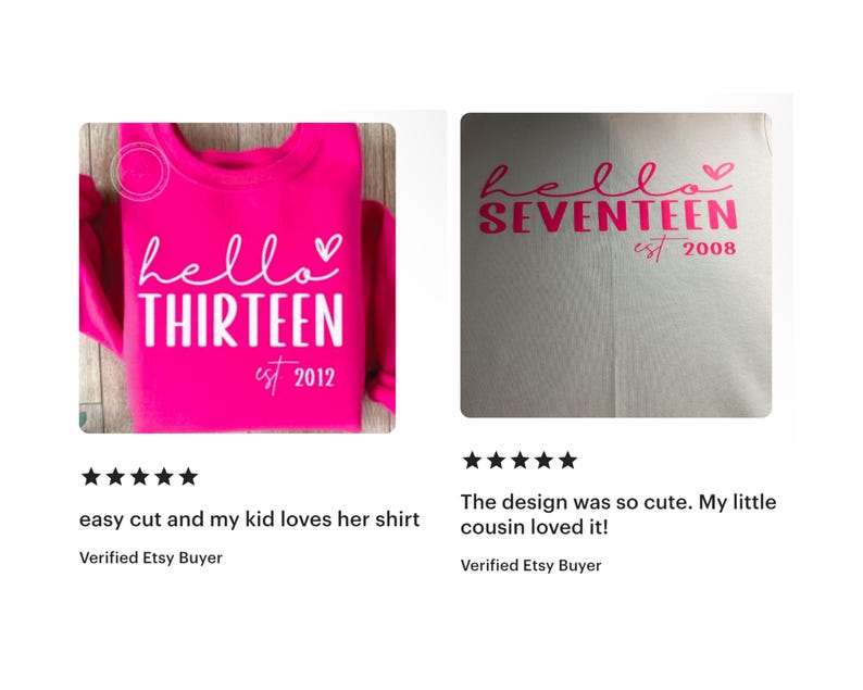 May include: Two pink and white shirts with the text "hello thirteen est 2012" and "hello seventeen est 2008" on them.