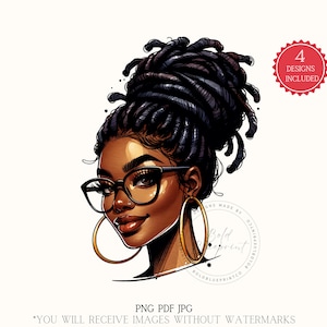 Black Woman Dreads Loc Gray Eyeglasses Head Neck Only Brown Eyes Gold Hoops, Watercolor, Gorgeous Black Woman, African American Christmas
