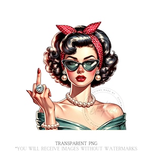 Funny PNG, Gorgeous Woman, Respectfully, Pin Up Clipart, Middle Finger, Retro Lovers, Vintage Lovers, Bandana, Headband, Pin Up, Sublimation