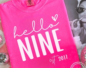 Hello Nine 9th Birthday SVG PNG Est 2017, Shirt Design, PNG Graphics (Digital Download)