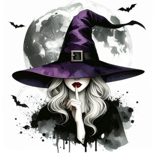 Pode incluir: Ilustração de uma mulher com longos cabelos brancos esvoaçantes, usando um chapéu de bruxa roxo com uma faixa e fivela pretas. Ela tem batom vermelho e está com um dedo nos lábios. Morcegos e uma lua cheia ao fundo.