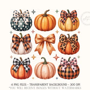 May include: A collection of watercolour pumpkins with decorative bows. The pumpkins are in shades of orange, white, and teal, with bows featuring polka dots, plaid, and leopard prints. Text at the bottom reads "4 PNG FILES - TRANSPARENT BACKGROUND - 300 DPI *YOU WILL RECEIVE IMAGES WITHOUT WATERMARKS."