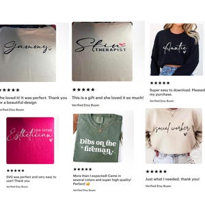 May include: A collage of ten different Etsy shop reviews for digital downloads of iron-on designs for t-shirts. The designs include the words "Gammy", "Skin Therapist", "Auntie", "Esthetician", "Dibs on the Fireman", and "Social Worker". Each design features a heart symbol. The reviews are all positive and include five stars.