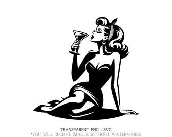Op de afbeelding: Zwart-wit illustratie van een vrouw in vintage stijl, die een martiniglas vasthoudt. Ze draagt een strapless jurk en een haarband. De afbeelding bevat de tekst "TRANSPARENT PNG - SVG" en "YOU WILL RECEIVE IMAGES WITHOUT WATERMARKS".
