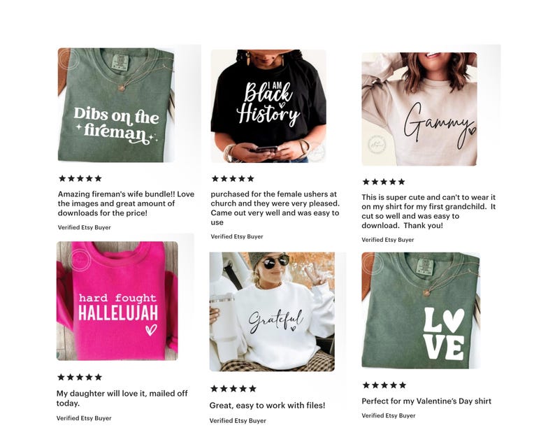 May include: A collection of six different t-shirt designs featuring various phrases and graphics. The designs include "Dibs on the fireman", "I am Black History", "Gammy", "Hard Fought Hallelujah", "Grateful", and "Love".
