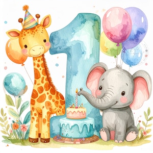 May include: Watercolor illustration for a first birthday. A giraffe and elephant stand next to a large blue number one. A birthday cake with lit candles sits in front of the number. Balloons in pink, purple, and green float above.