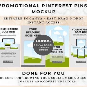 Könnte beinhalten: Drei Pinterest-Pin-Mockups mit grauem Hintergrund und grüner Landschaft. Jeder Pin zeigt ein anderes Design mit der Überschrift "Ihre Überschrift hier". Der Text "Call to Action" befindet sich am unteren Rand jedes Pins. Der mittlere Pin hat ein Bonus-Canva-Crashkurs-E-Book.
