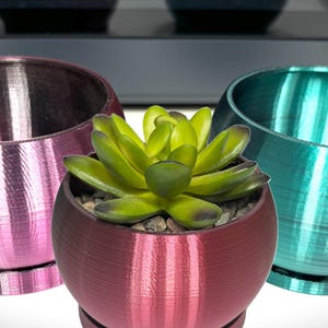 Könnte beinhalten: Drei runde, 3D-gedruckte Pflanzgefäße in Pink, Rot und Türkis. Die Pflanzgefäße haben eine gebürstete Metalloberfläche und sind perfekt für kleine Pflanzen. Ein Sukkulent ist in das rote Pflanzgefäß gepflanzt.
