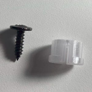 May include: A black screw with a round head and a pointed tip next to a small, clear plastic clip. The screw has a threaded shaft. The clip has a rectangular shape with a series of small protrusions.