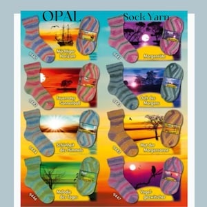 May include: A collection of eight colorful sock yarn skeins with different sunset scenes and German text descriptions. The yarn is labeled "Opal Sock Yarn".