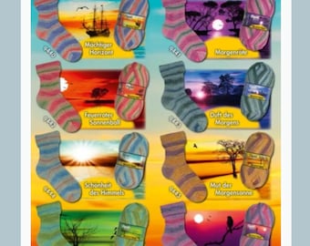 May include: A collection of eight colorful sock yarn skeins with different sunset scenes and German text descriptions. The yarn is labeled "Opal Sock Yarn".