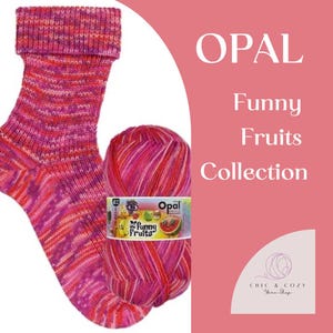 May include: A pink and red striped sock with a matching ball of yarn. The yarn is labeled "Opal Funny Fruits Collection." The sock has a folded cuff. The image also includes the text "Chic & Cozy Yarn Shop."