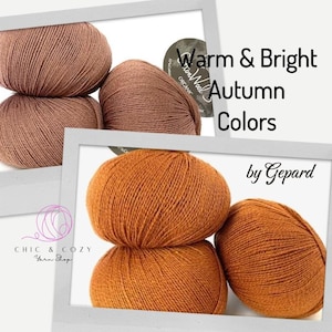 May include: Three balls of yarn in warm autumn colors, brown, orange, and rust. The yarn is labeled "Lion Wool Organic". The text "Warm & Bright Autumn Colors by Gepard" is also visible.