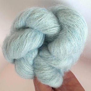 May include: A close-up of a ball of light blue yarn. The yarn has a soft, fluffy texture with strands of white and blue. The yarn is likely used for knitting or crocheting projects.