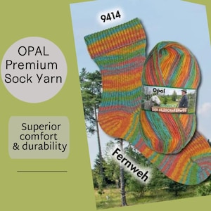 May include: A pair of colorful striped socks and a ball of Opal Premium Sock Yarn. The socks and yarn feature a vibrant mix of orange, yellow, green, and blue. The image includes text that reads "9414", "Opal Premium Sock Yarn", "Superior comfort & durability", and "Fernweh".