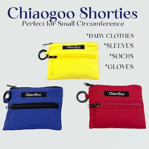 May include: Three small zippered pouches with a key ring. The pouches are yellow, blue, and red. Each pouch has the text "ChiaoGoo" printed on it. The text "*BABY CLOTHES *SLEEVES *SOCKS *GLOVES" is printed above the pouches.