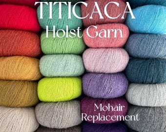 May include: A grid of colorful yarn skeins in various shades, including red, orange, green, and purple. The text "TITICACA Holst Garn" is displayed at the top, and "Mohair Replacement" is at the bottom. The yarn appears soft and textured.