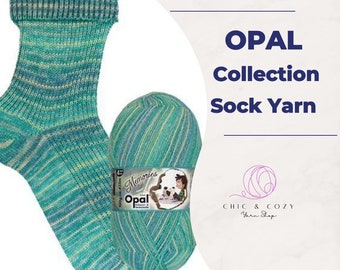 May include: A skein of teal, green, and white Opal Memories sock yarn. The yarn is shown with a pair of teal, green, and white striped socks.