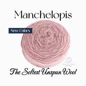 May include: A ball of pink and white unspun wool, with the text "Manchelopis" above and "New Colors" on a navy blue rectangle. The text "The Softest Unspun Wool" is below the wool ball, with a logo for "Chic & Cozy Yarn Shop".