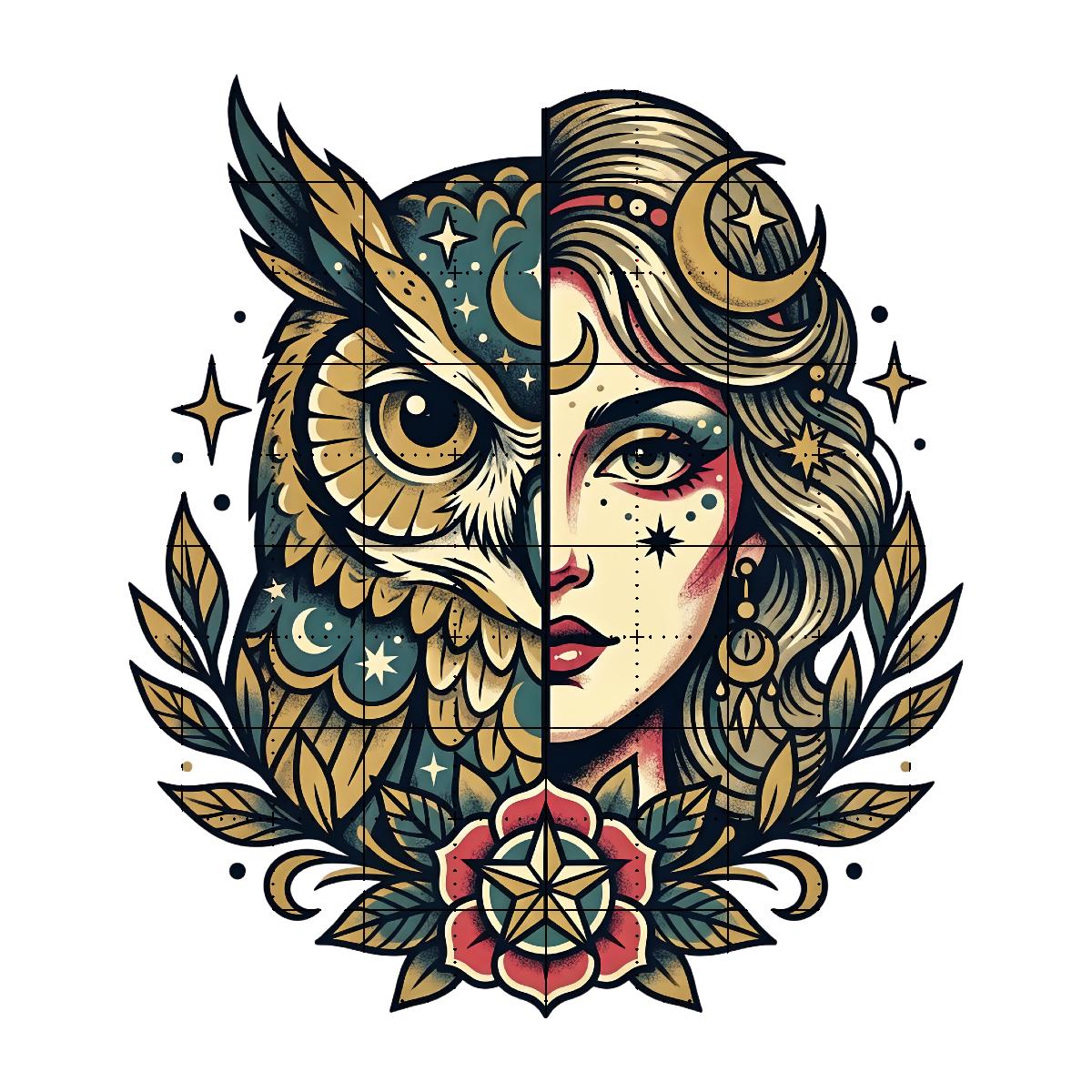 Whimsical owl vintage woman traditional tattoo digital download