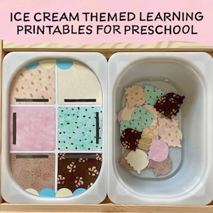 Könnte beinhalten: Ein weißes Tablett mit einem geteilten Abschnitt zum Sortieren von Lernmaterialien zum Thema Eiscreme. Das Tablett hat vier Abschnitte mit verschiedenen Eissorten und Toppings. Der andere Abschnitt des Tabletts enthält eine weiße Schüssel mit verschiedenen Eiswaffelformen.