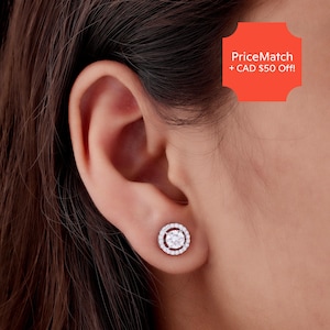 Round Diamond Earrings | Halo Diamond Studs |  1.22 Carat Lab Grown Diamonds | Gift For Her |