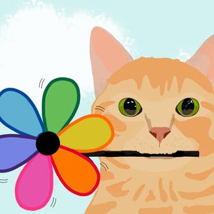 Carte chat : moulinet à fleurs arc-en-ciel