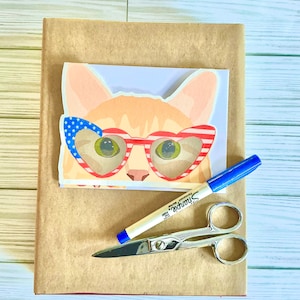 Tarjeta de gato con gafas de sol de bandera americana, tarjeta para amante de los gatos