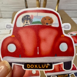 May include: A red Volkswagen Beetle car sticker with two dachshund dogs inside. The car has a license plate that reads "DOXLUV".