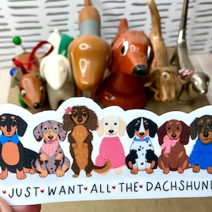 May include: A sticker with the text "I JUST WANT ALL THE DACHSHUNDS" featuring seven cartoon dachshunds with various colors and patterns. The sticker is in front of a collection of dachshund figurines.