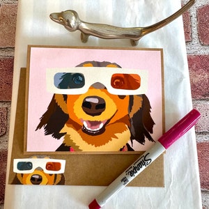 Teckel, Doxie, Wiener, hond met 3D-filmbril met bijpassende envelop, gratis verzending, handgemaakt, gemaakt in de VS, lokale kunstenaar,