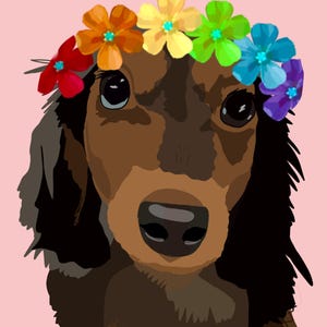 Cartão Dachshund Coroa de Flores Arco-Íris