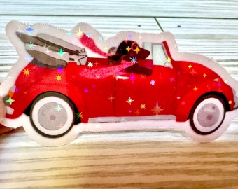 Dachshund sticker, Doxie sticker, Wiener dog sticker, Dog driving a convertible sticke. Fun and colorful waterproof holographic dog sticker.