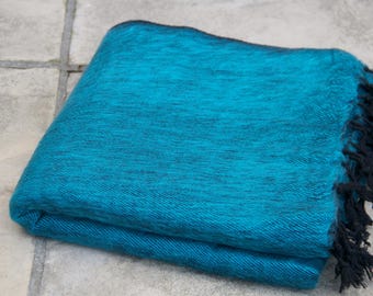 Yak Wool Throws Hand-Loomed Meditation Oversized Shawl Woollen Blanket TEAL