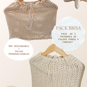 May include: Two cream-colored crochet tops displayed on wooden hangers. The tops have a drawstring neckline and a textured, open weave. Text on the image reads "PACK BRISA" and "PDF DESCARGABLE + TALLAS PERSONALIZABLES". A starfish and seashell are also visible.