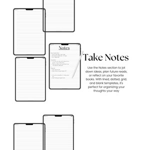 May include: Digital tablet mockups with lined pages, a notes page, and a stylus. The text "Take Notes" is displayed, along with a description of the product's features, including lined, dotted, grid, and blank templates.