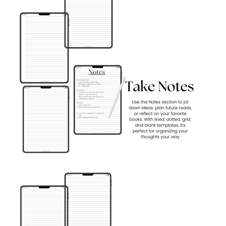 May include: Digital tablet mockups with lined pages, a notes page, and a stylus. The text "Take Notes" is displayed, along with a description of the product's features, including lined, dotted, grid, and blank templates.