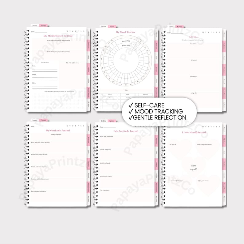 May include: A spiral-bound journal with pink tabs and accents, designed for self-care and reflection. It includes pages for mood tracking, gratitude, and self-love, with prompts and space for writing. Features include gentle reflection.
