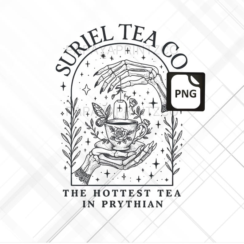 Pode incluir: Ilustra&ccedil;&atilde;o em preto e branco com uma x&iacute;cara de ch&aacute; com um desenho de rosa, segurada por m&atilde;os esquel&eacute;ticas. A imagem inclui o texto "SURIEL TEA CO" e "THE HOTTEST TEA IN PRYTHIAN". Um &iacute;cone de arquivo PNG est&aacute; no canto superior direito.