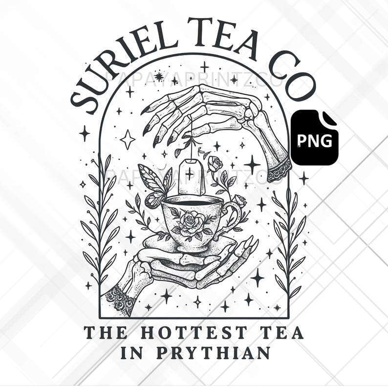 Pode incluir: Ilustra&ccedil;&atilde;o a preto e branco com m&atilde;os esquel&eacute;ticas segurando uma ch&aacute;vena de ch&aacute; com um desenho de rosa. Uma saqueta de ch&aacute; est&aacute; suspensa acima. O texto diz "SURIEL TEA CO" e "THE HOTTEST TEA IN PRYTHIAN".