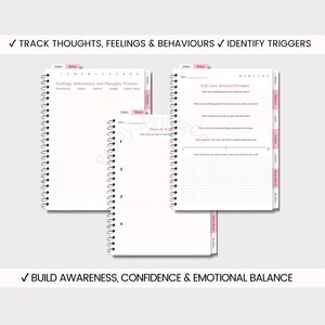 May include: Two spiral-bound journals with pink tabs and text. One journal has self-love prompts, the other tracks feelings and behaviours. Text includes: "Track Thoughts, Feelings & Behaviours" and "Identify Triggers." The journals aim to build awareness.